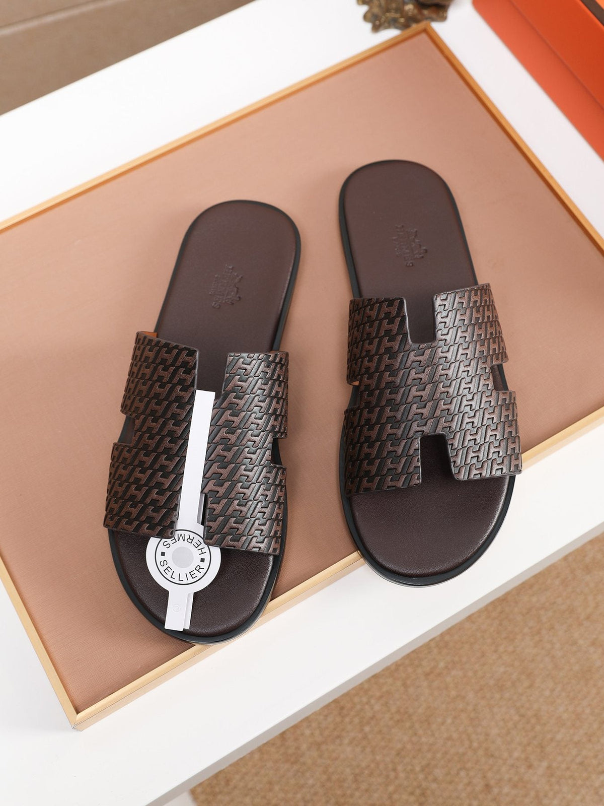Hermes Dark Brown Woven H-Cutout Slide Sandals — front
