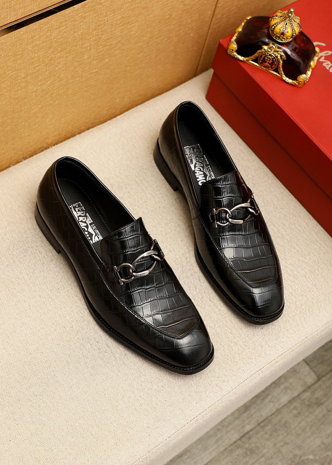 Ferragamo Black Embossed Bit Loafers — front