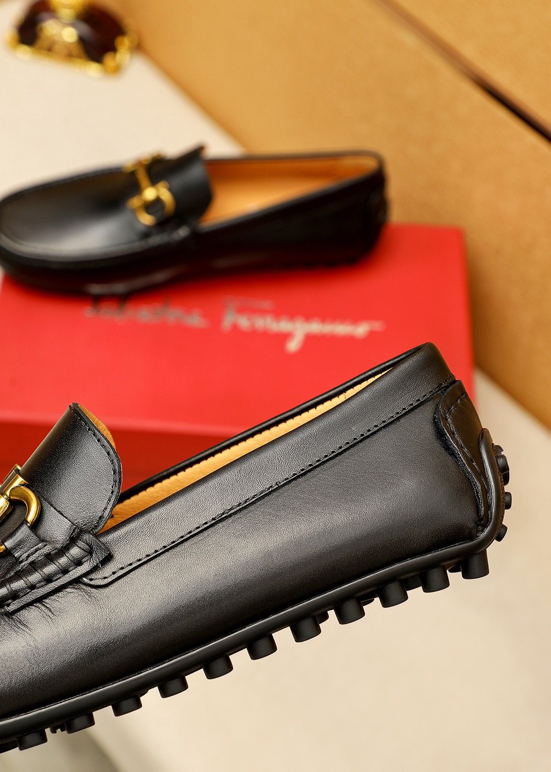 Ferragamo Black Gold-Tone Driving Loafers — detail