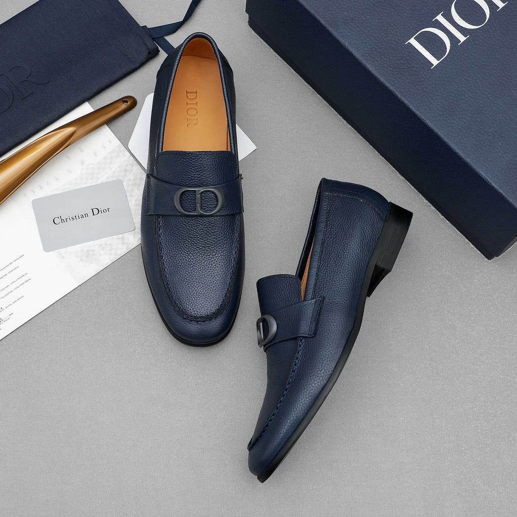 Dior Navy Blue Pebbled Leather Loafers — side