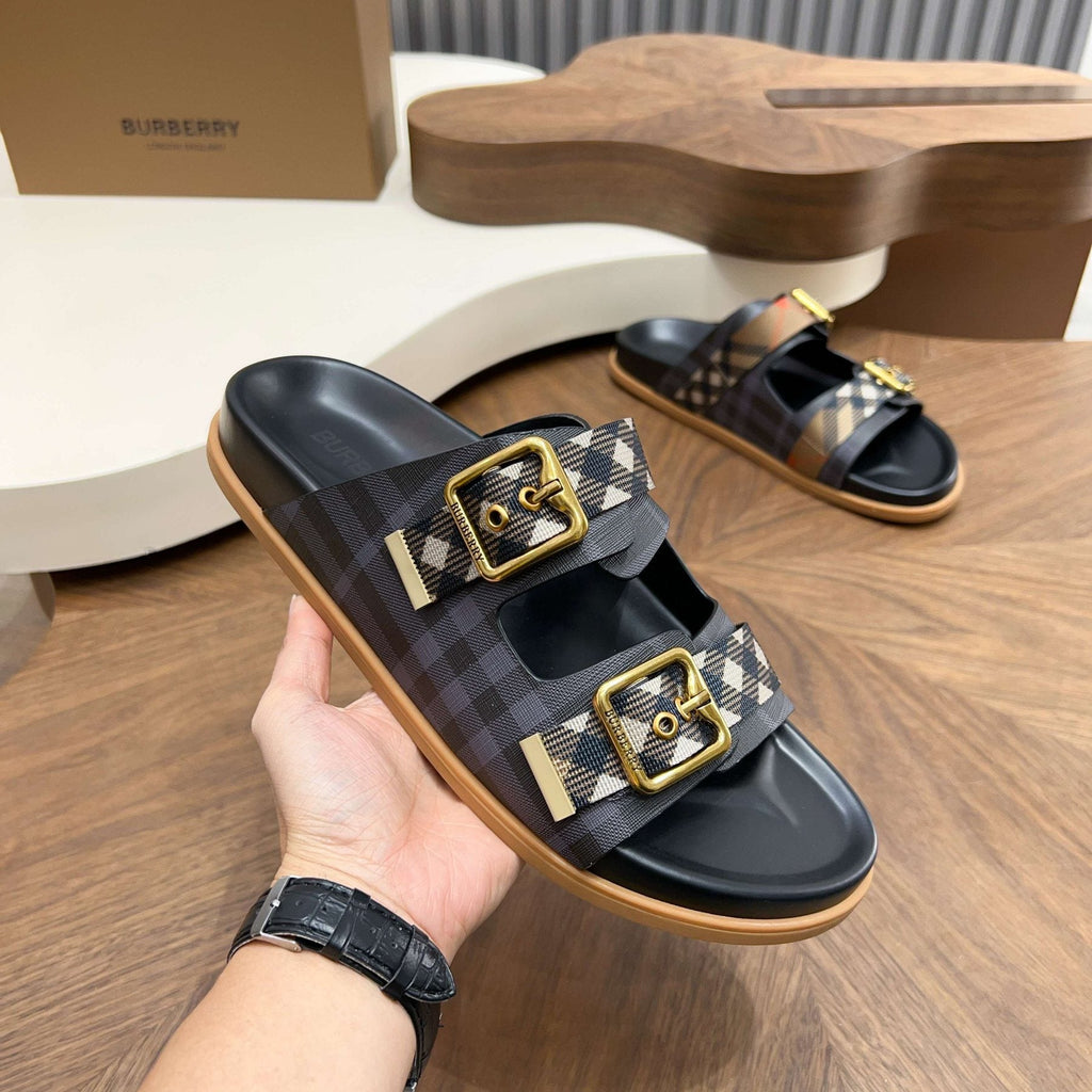 Burberry Black Plaid Two-Strap Slide Sandals — model