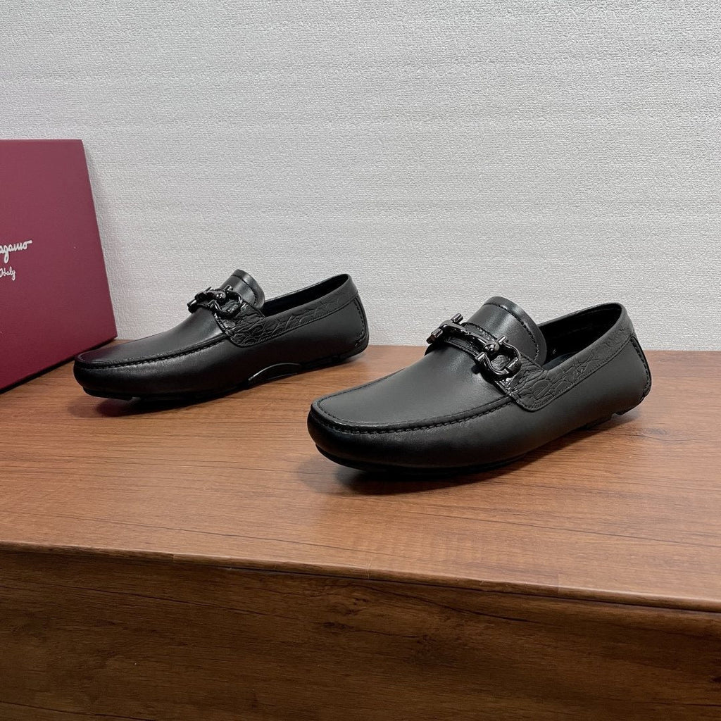 FERRAGAMO Black Horsebit Driving Loafers — hero