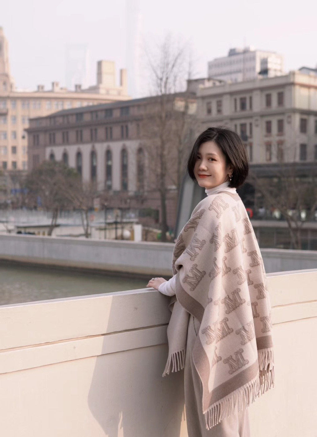 Max Mara Beige & Taupe Fringed Cape Poncho — model