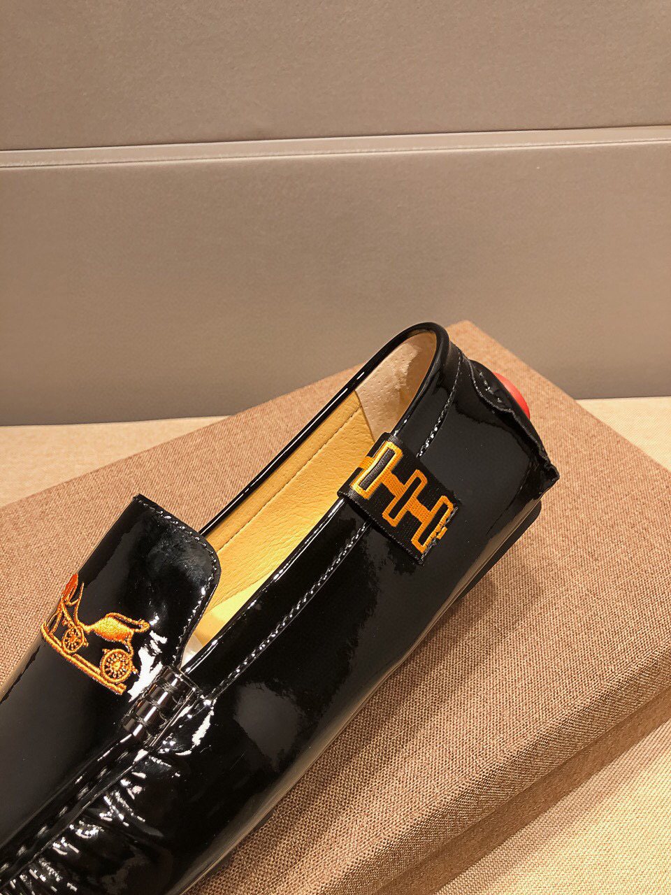 Hermès Black Glossy Hardware Loafers — detail