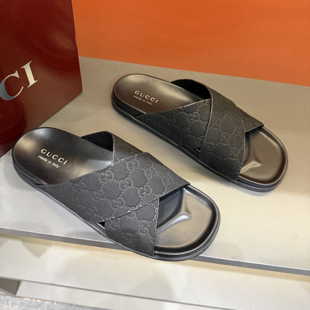 Gucci Black Crisscross Strap Slide Sandals — front