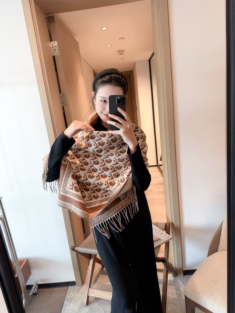 Dior Fringed Monogram Scarf — model