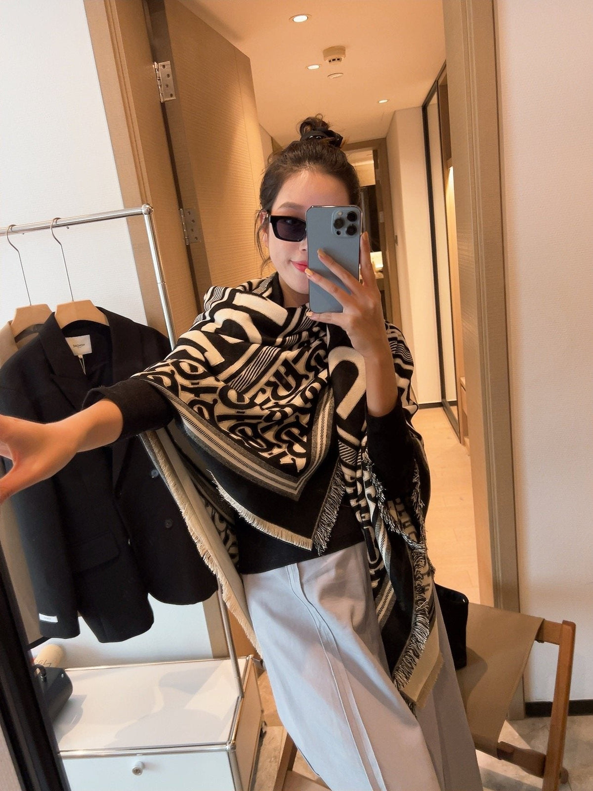 Burberry Black & Ivory Logo Square Scarf — model