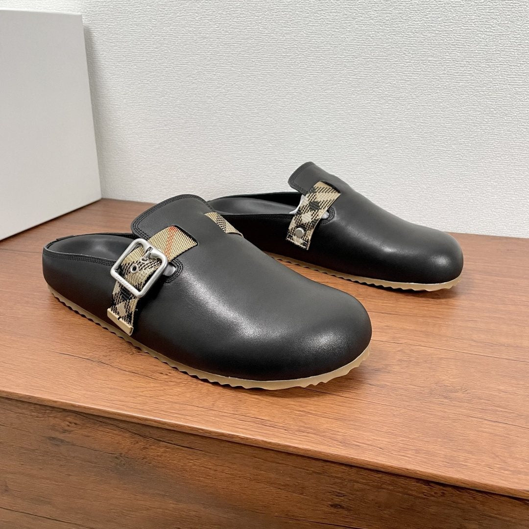 Burberry Black Check Buckle Slide Sandals — side
