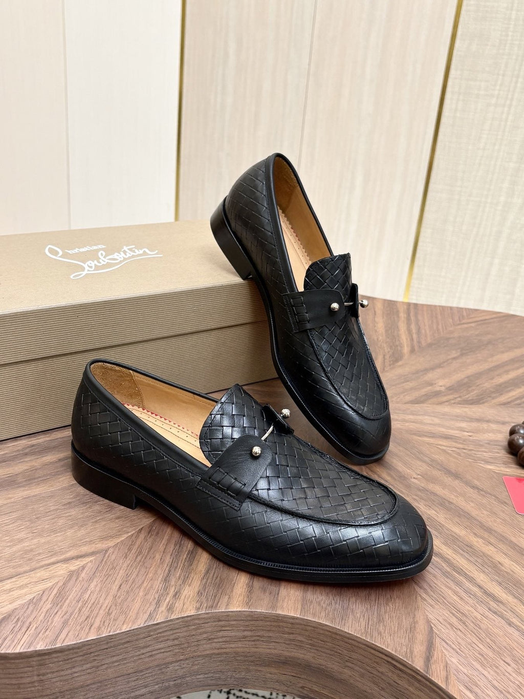 Black Woven Leather Loafers — side