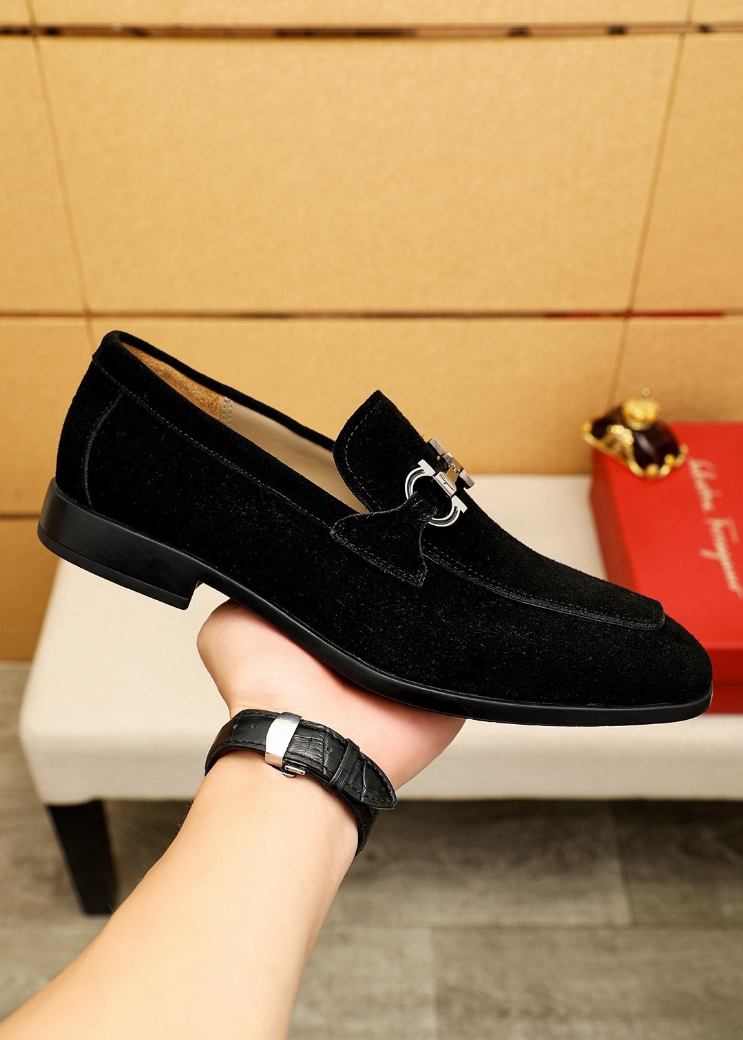 Black Suede Buckle Slip-On Loafers — model