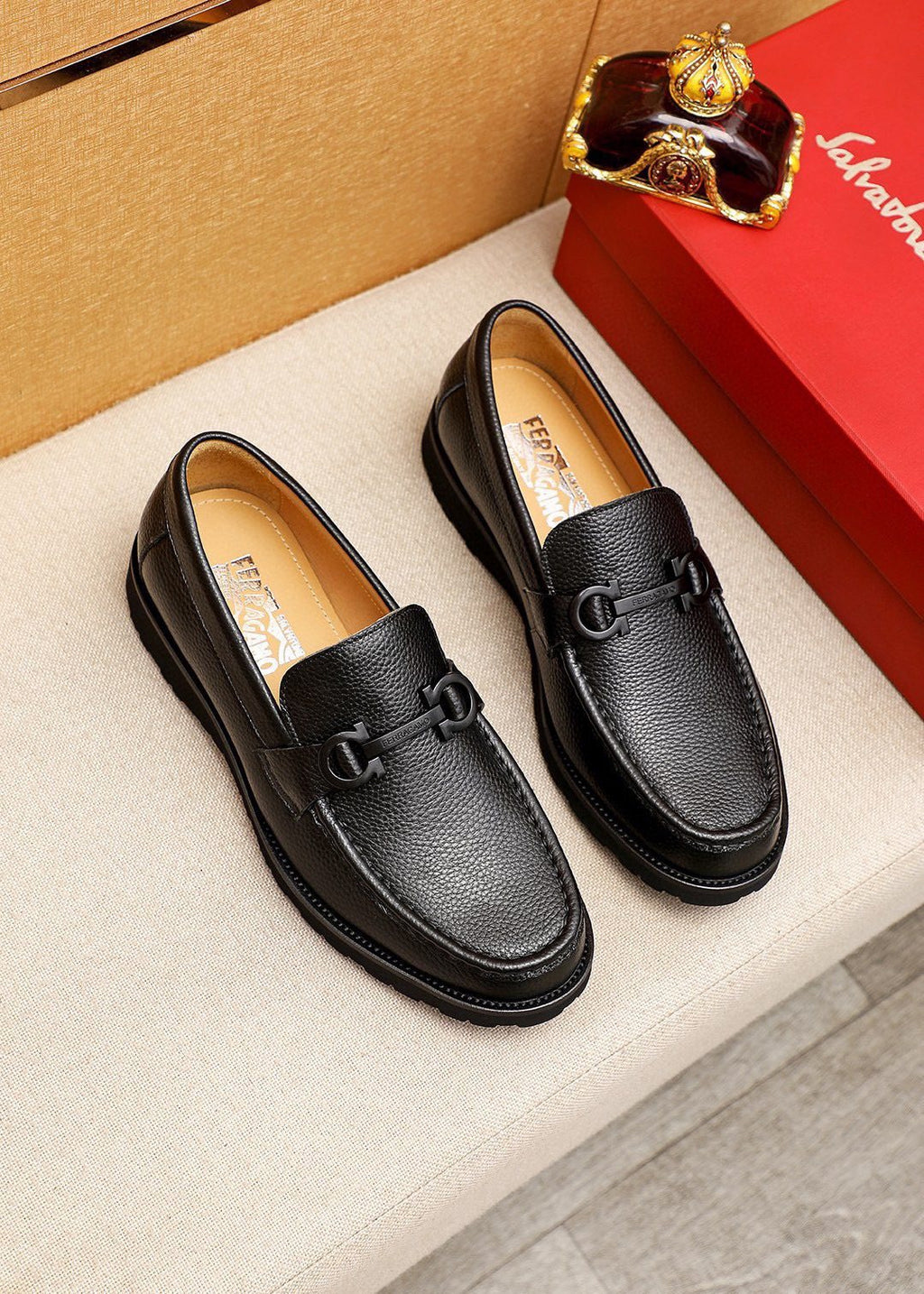 Ferragamo Pebble-Grain Buckle Slip-On Shoes — front