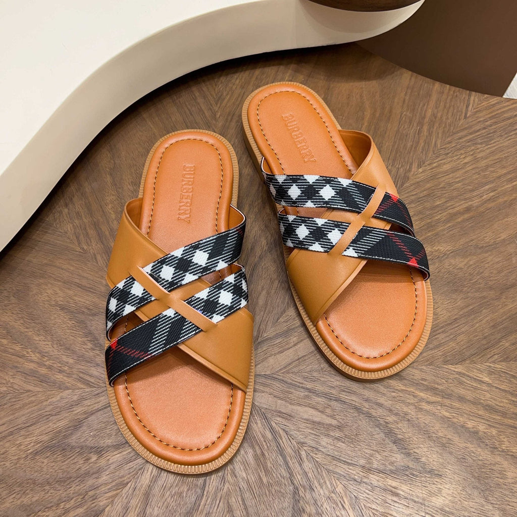 Burberry Plaid Cross-Strap Slide Sandals — front