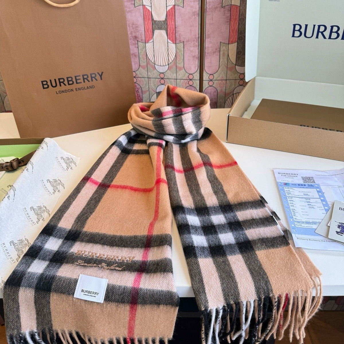 Burberry Blush Pink Plaid Fringed Scarf — front