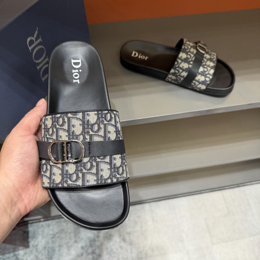 Dior Blue-Gray Pattern Slide Sandals — front