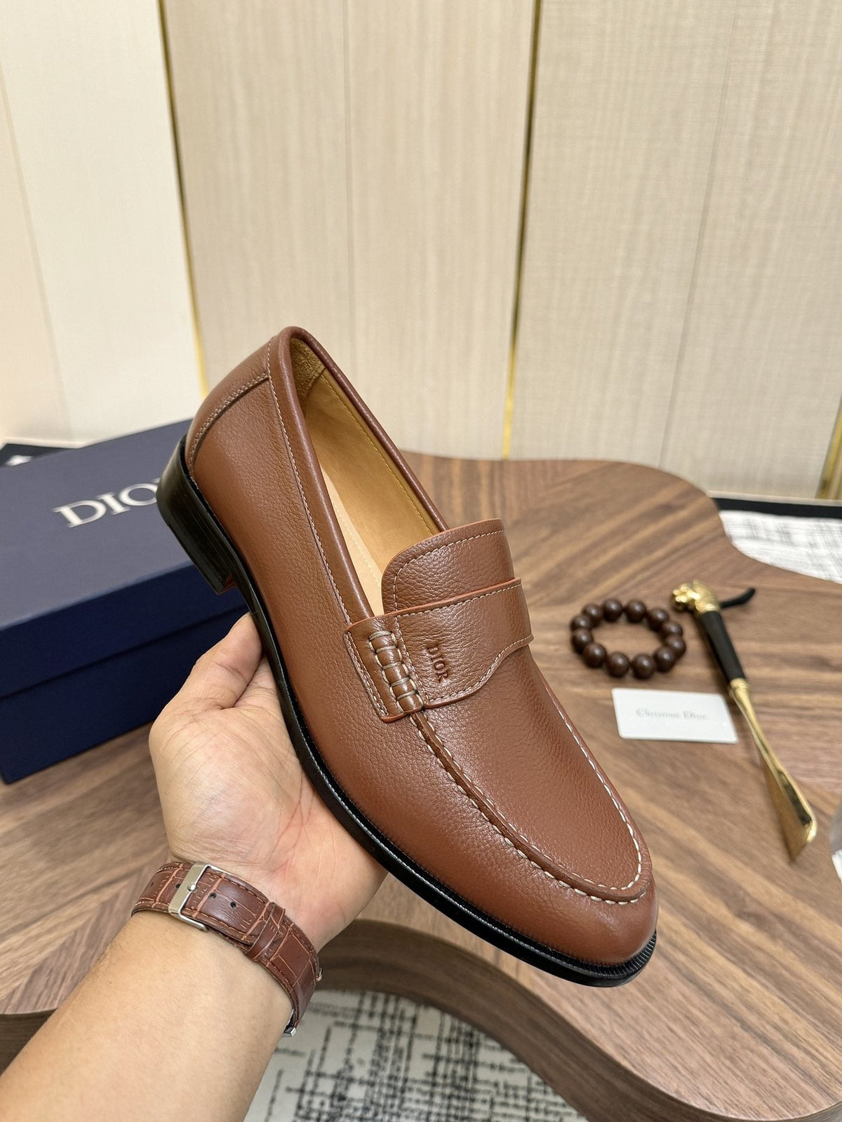 Dior Leather Moc-Toe Loafers — model
