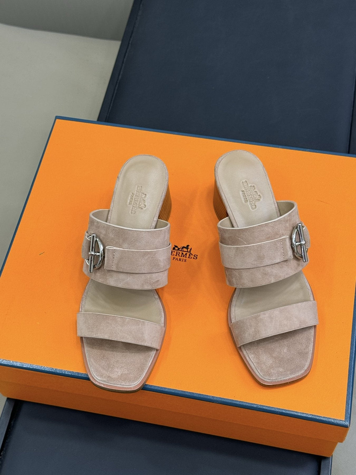 Hermès Kute Buckle Block-Heel Slide Sandals — front