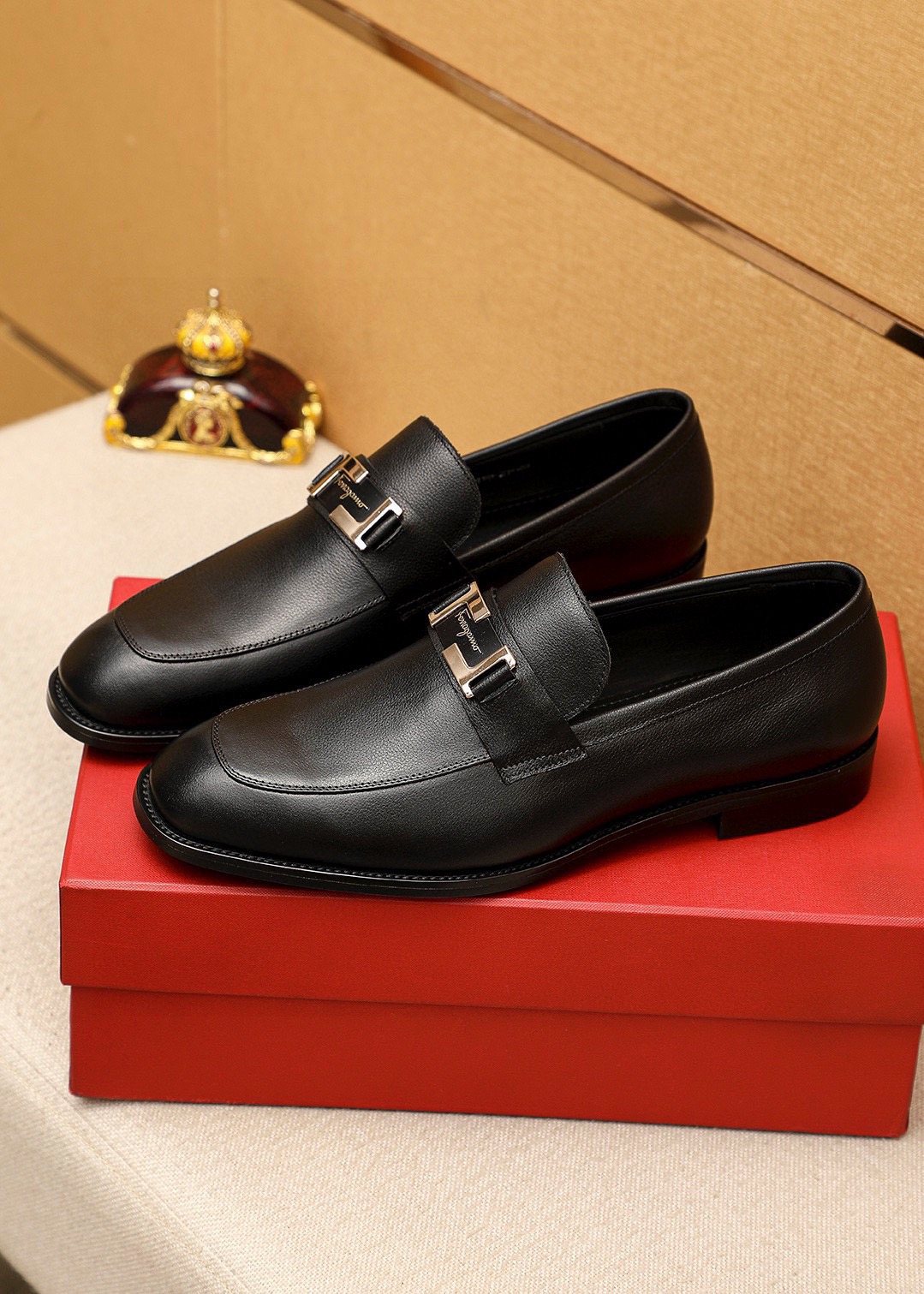 Ferragamo Black Buckle Loafers — front